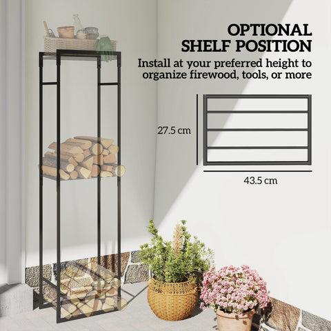 Outsunny black metal firewood log holder with three shelves heavy duty storage rack for indoor outdoor log storage
