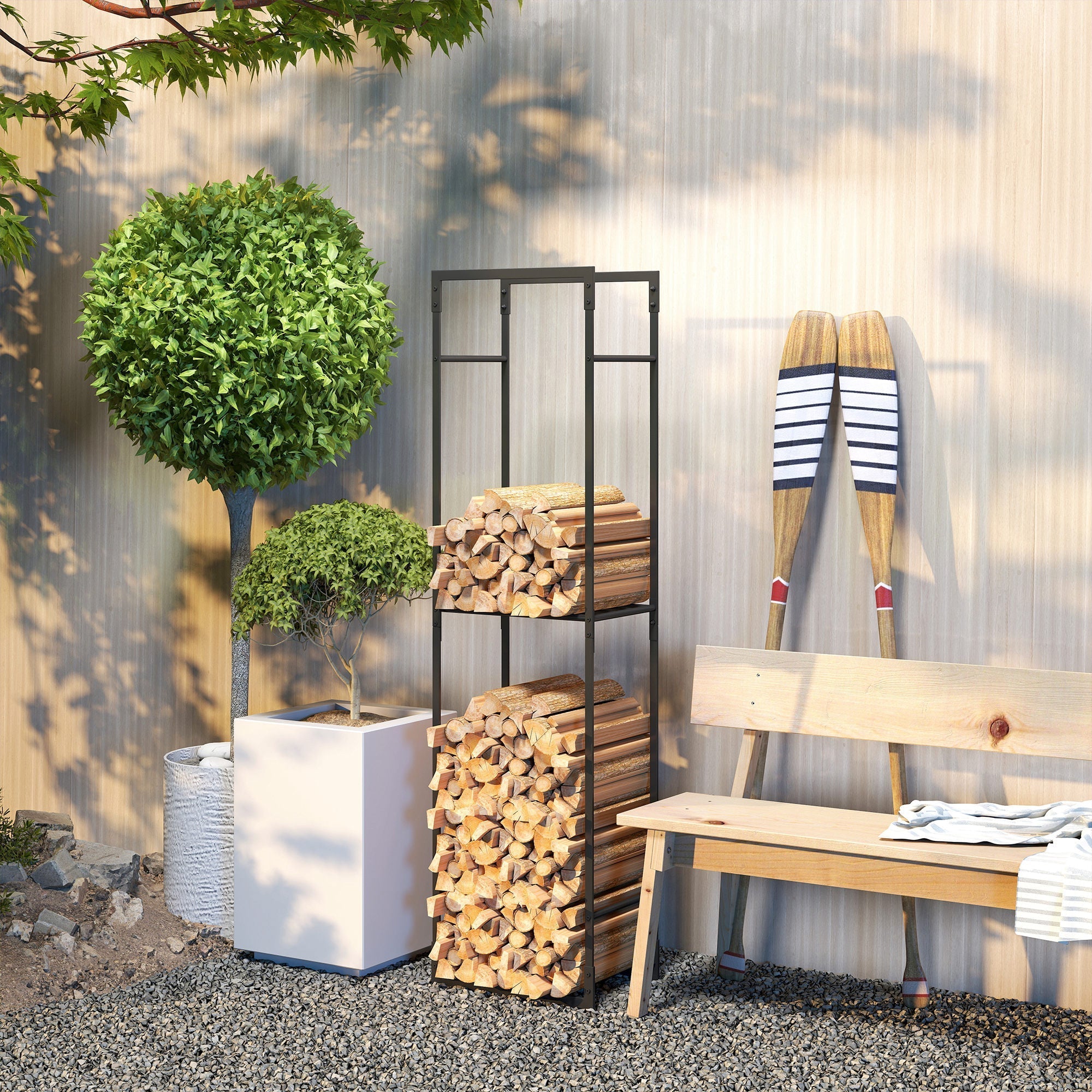 Outsunny black metal firewood log storage rack with adjustable shelf holding stacked light brown logs for indoor outdoor use