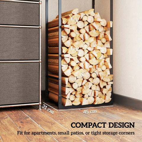 Black metal firewood rack with compact design holding neatly stacked natural wood logs for indoor outdoor log storage rack