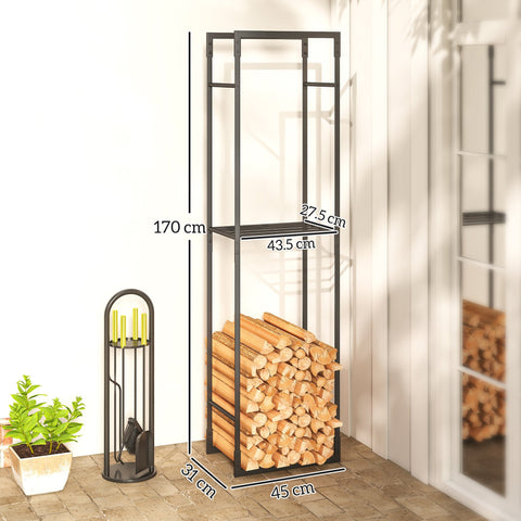 Black metal firewood log storage rack with two shelves and vertical frame for indoor outdoor log storage