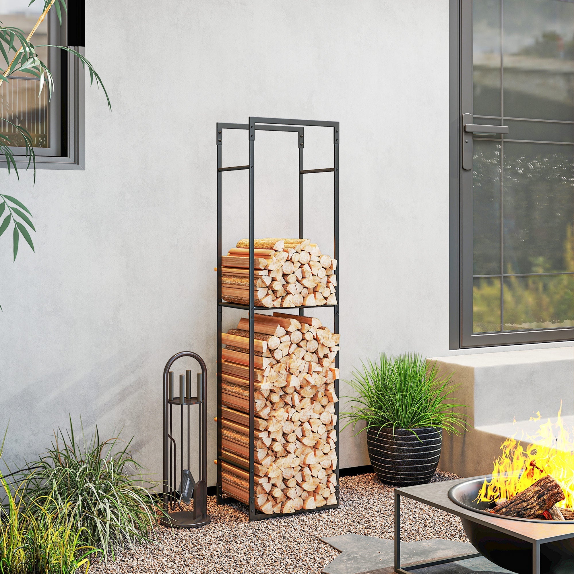 Outsunny black metal firewood rack holding neatly stacked light brown logs ideal for indoor outdoor log storage rack