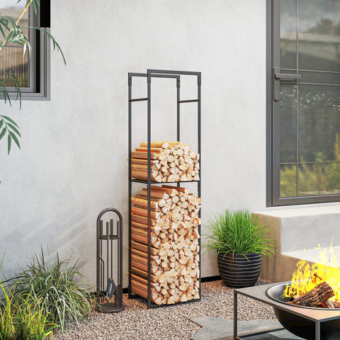 Outsunny black metal firewood rack holding neatly stacked light brown logs ideal for indoor outdoor log storage rack