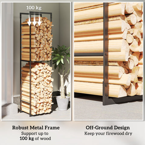 Black metal firewood rack with two tiers holding light brown logs ideal for indoor outdoor log storage rack