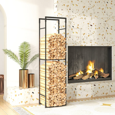 Black metal outsunny log storage rack with two tiers holding neatly stacked light brown split firewood logs