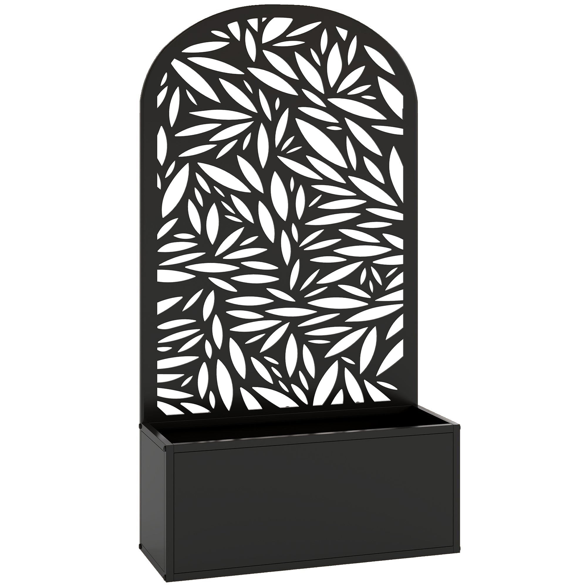Black powder coated metal outsunny garden screen with leaf cut-out pattern and integrated planter box for outdoor use