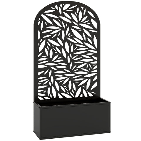 Black powder coated metal outsunny garden screen with leaf cut-out pattern and integrated planter box for outdoor use