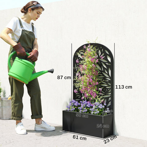 Black powder coated metal outsunny garden bed with leaf cut-out trellis filled with purple and pink flowers