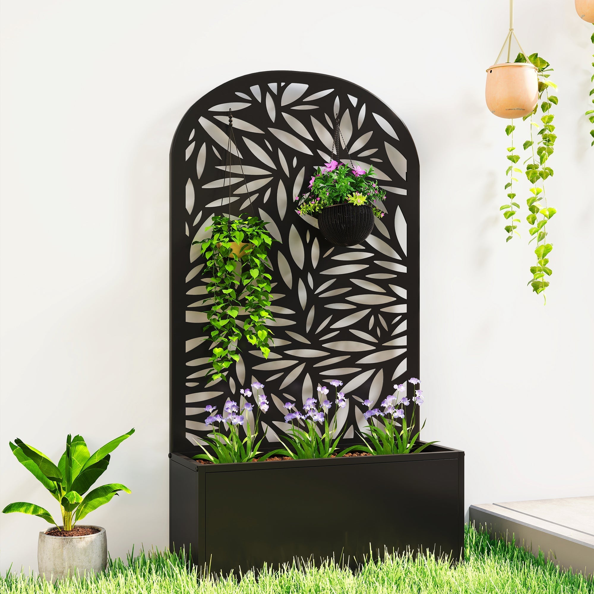 Black powder coated metal garden screen with leaf cut-out and planter box by outsunny for privacy and planting