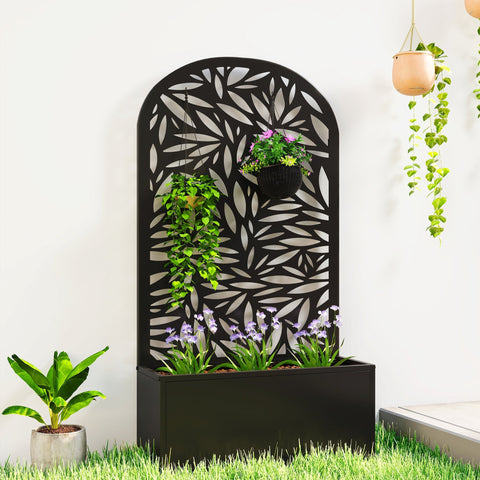 Black powder coated metal garden screen with leaf cut-out and planter box by outsunny for privacy and planting