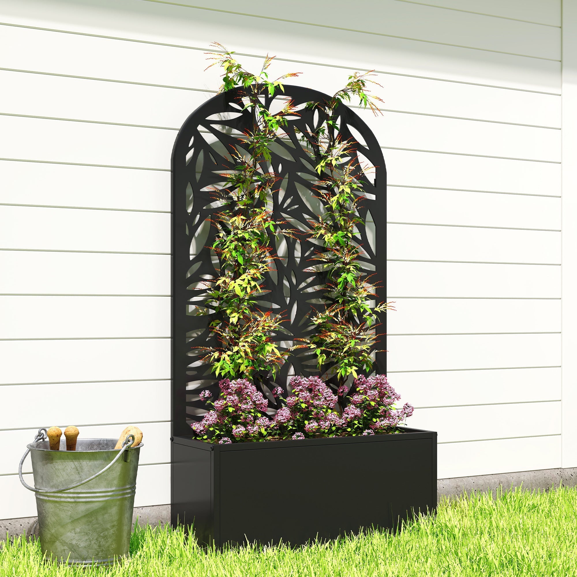 Black powder coated metal outsunny garden bed with arched trellis and leaf cut-out supporting purple flowers
