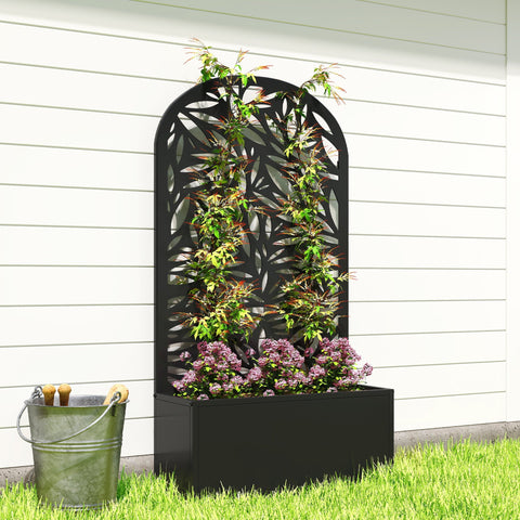 Black powder coated metal outsunny garden bed with arched trellis and leaf cut-out supporting purple flowers
