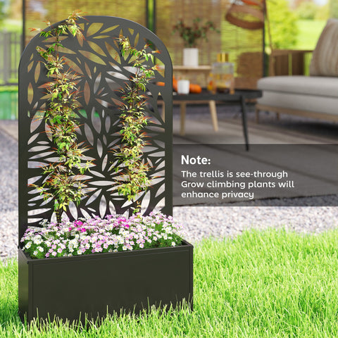 Outsunny metal black powder coated garden trellis with leaf cut-out pattern and integrated raised planter box