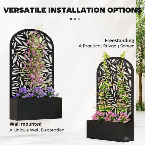 Black powder coated metal outsunny privacy screen with leaf cut-out and integrated planter for garden use