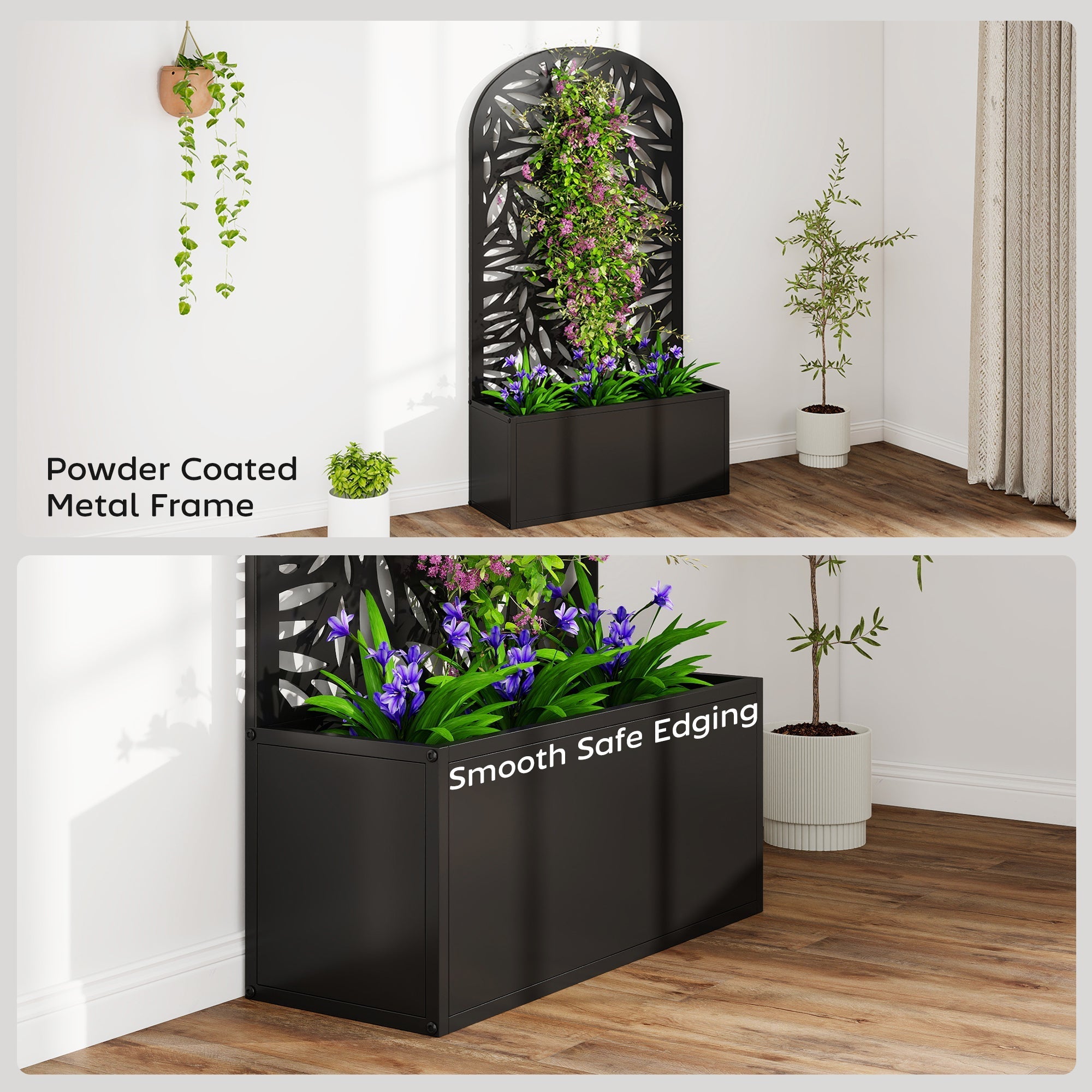 Outsunny metal garden bed in black powder coated metal with leaf cut out arched trellis and smooth edging for privacy