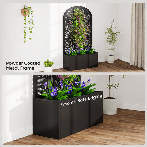 Outsunny metal garden bed in black powder coated metal with leaf cut out arched trellis and smooth edging for privacy