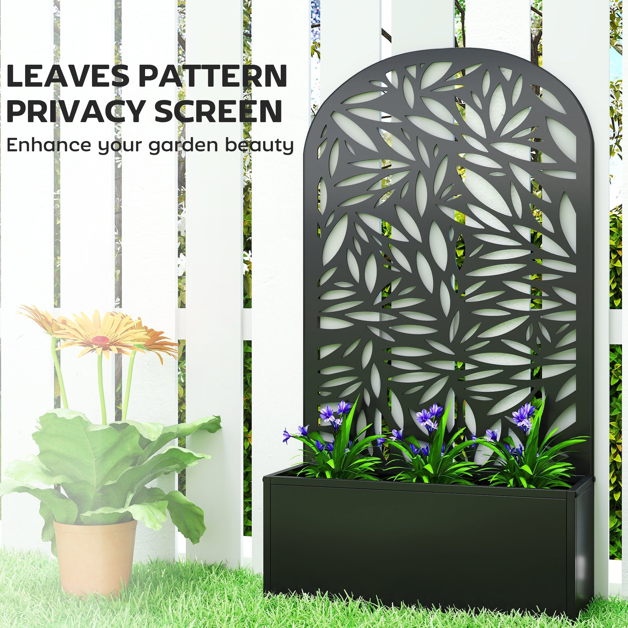 Black powder coated metal outsunny garden bed with leaf cut-out privacy screen and integrated planter box