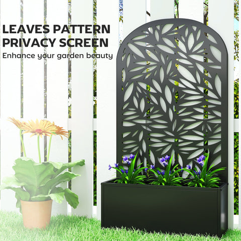 Black powder coated metal outsunny garden bed with leaf cut-out privacy screen and integrated planter box