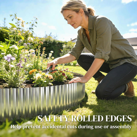 Silver galvanised steel lawn edging with safety rolled edges, heavy duty metal garden edging by Outsunny