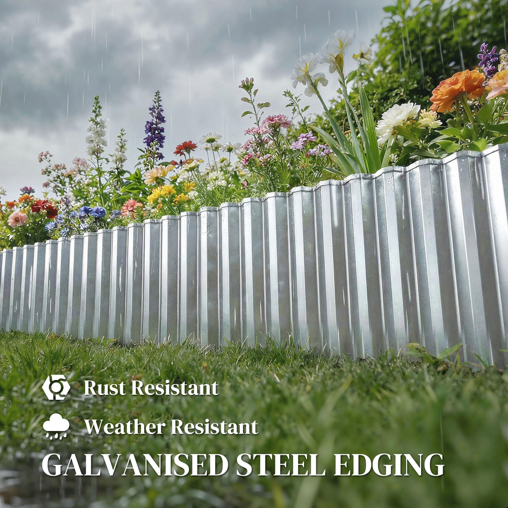 Silver tone outsunny metal garden edging made of heavy duty corrugated galvanised steel for lawn edging use