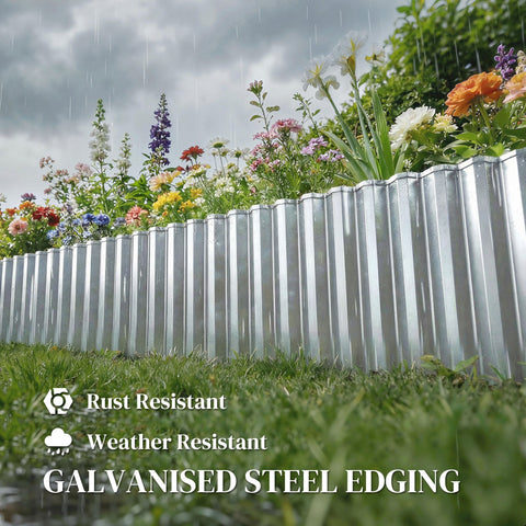 Silver tone outsunny metal garden edging made of heavy duty corrugated galvanised steel for lawn edging use