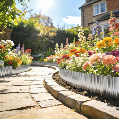 Silver tone outsunny metal garden edging made of heavy duty galvanised steel borders vibrant flower beds