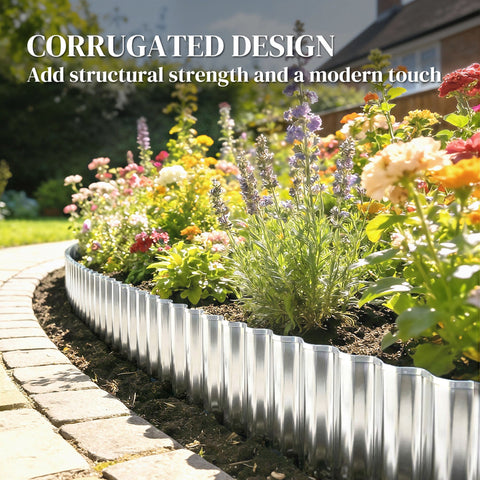 Silver tone outsunny metal garden edging with modern corrugated design made of heavy duty galvanised steel lawn edging