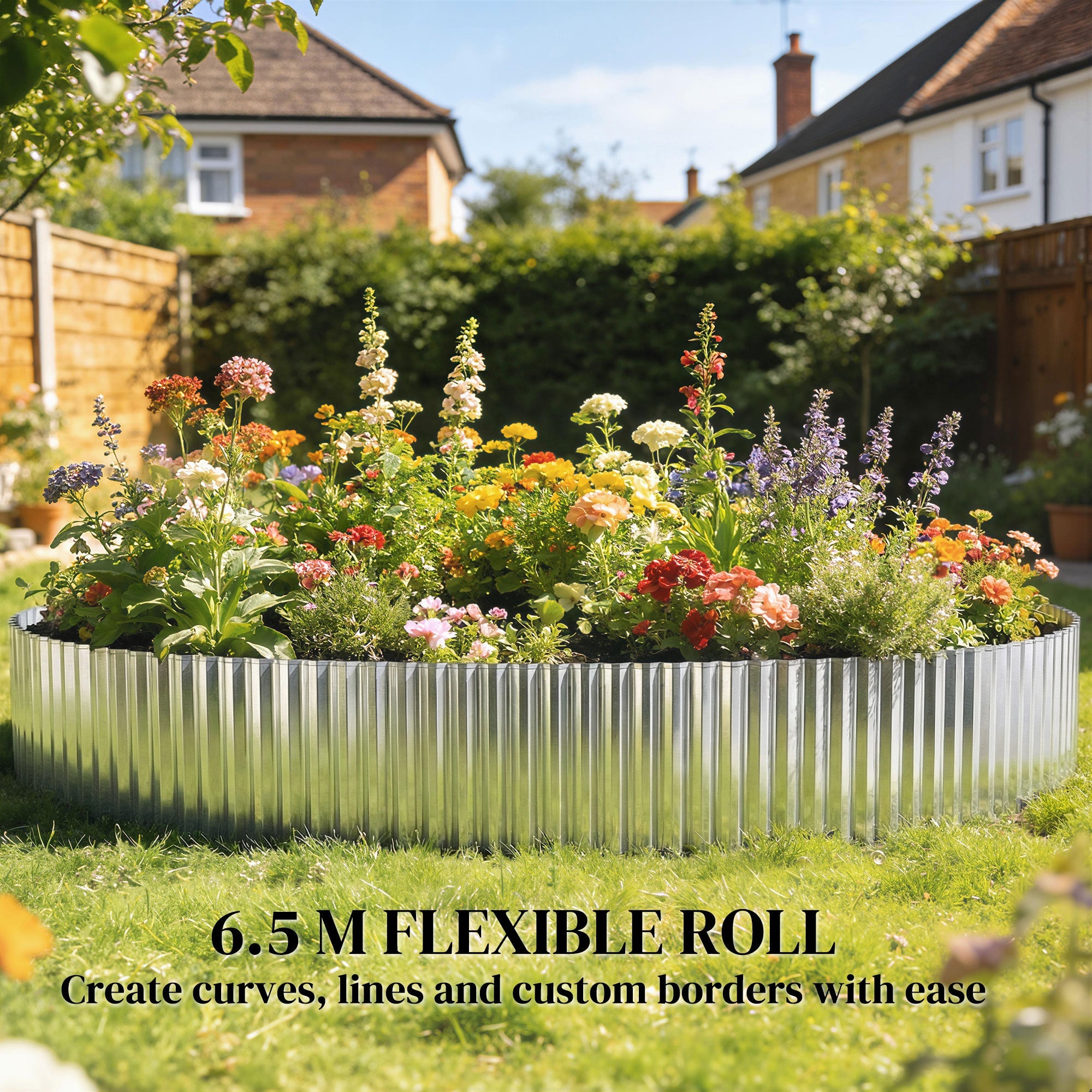 Silver galvanised steel lawn edging roll 6.5 meters long encircling vibrant flower bed as metal garden edging