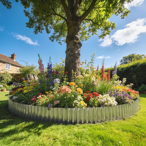 A vibrant flower bed bordered by silver tone galvanised steel metal garden edging for lawn edging use