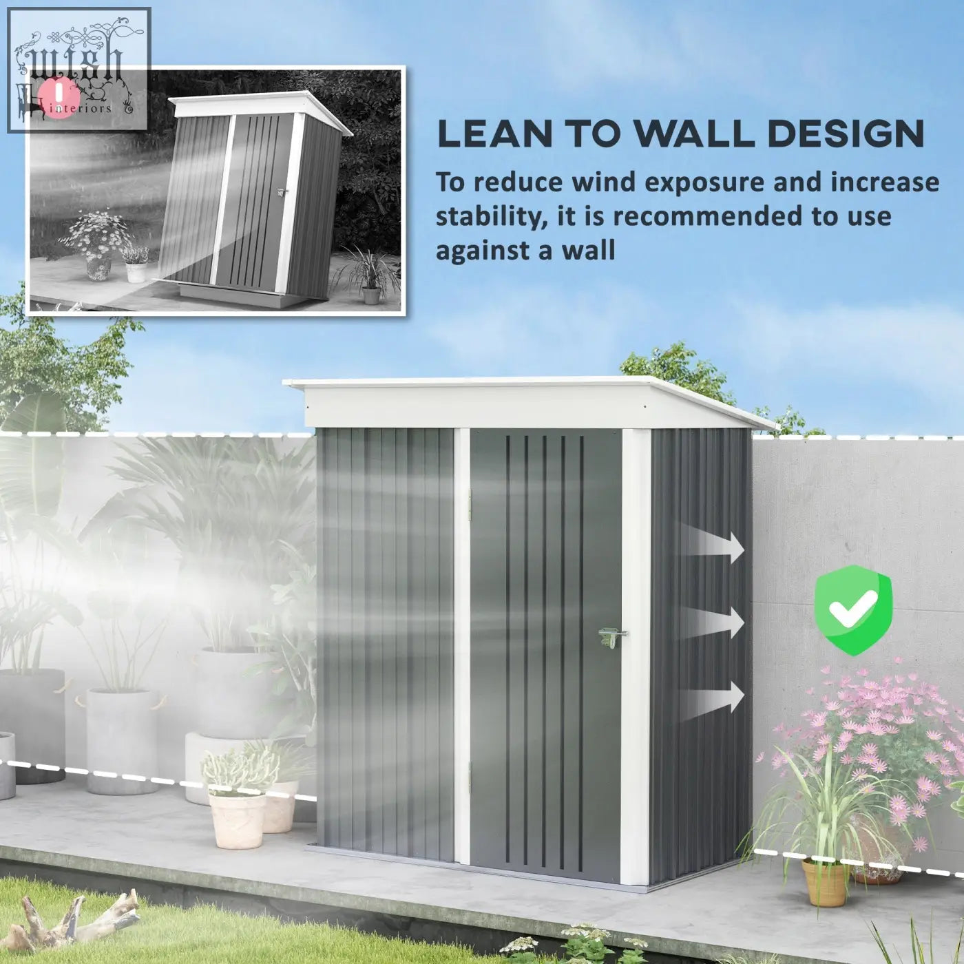 Gray metal garden shed by Outsunny with white trim, single door, keys included, adjustable shelf, for outdoor use