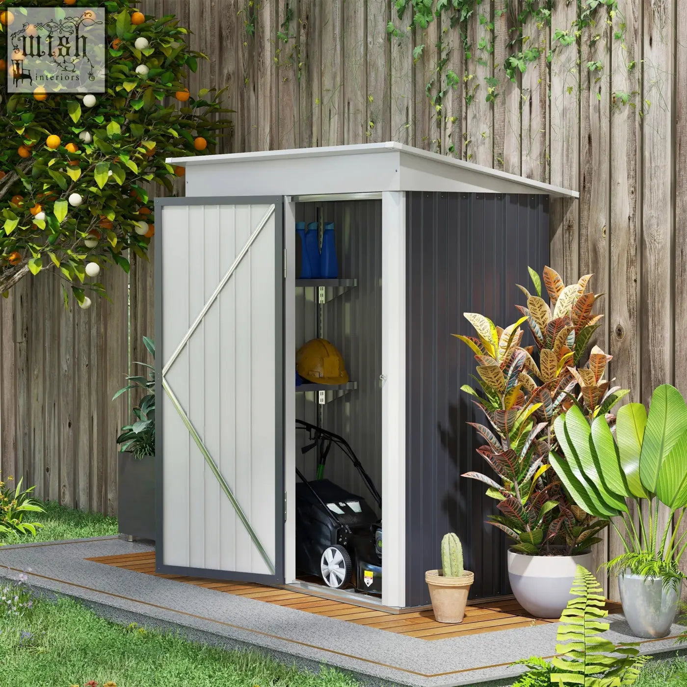 Outsunny dark grey metal garden shed with single door, diagonal brace, keys included for tool and motorbike storage
