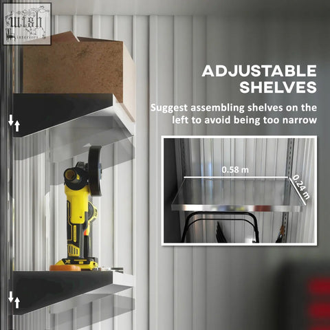 Adjustable black and silver metal shelves in outsunny dark grey garden shed with single door and keys included for storage