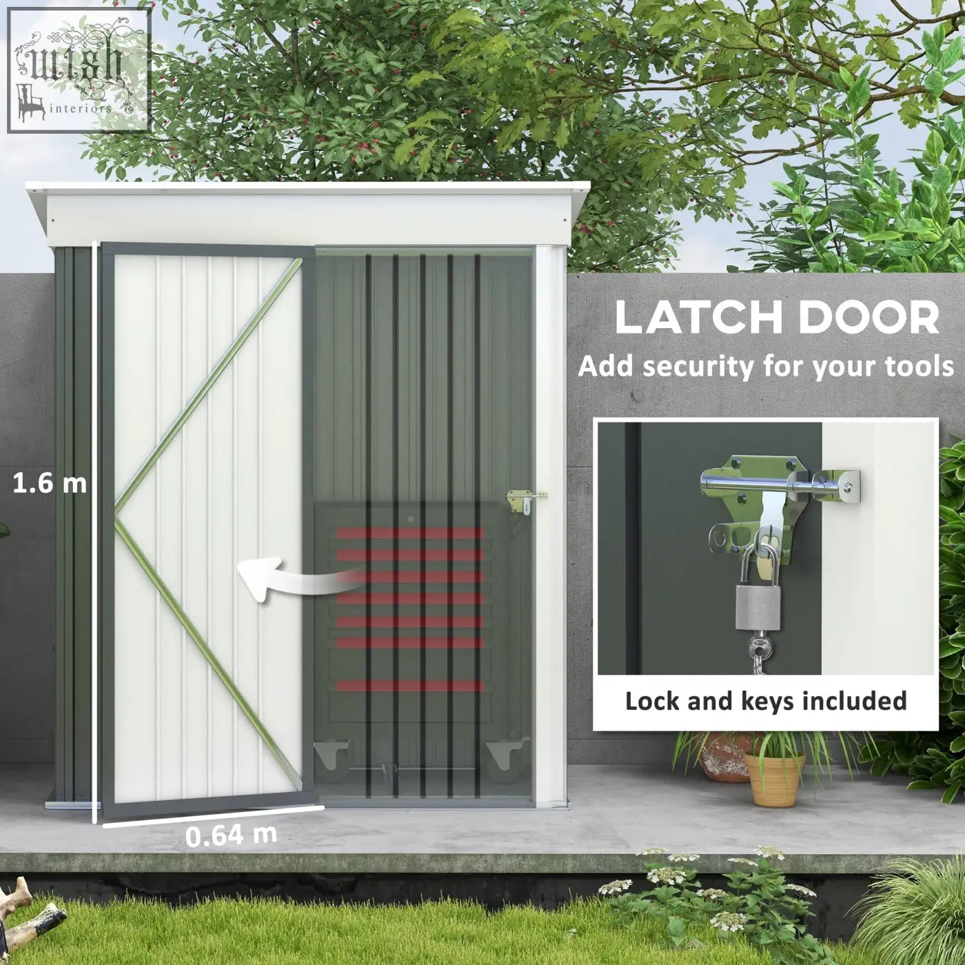 Outsunny metal garden shed in white and dark grey with single door, latch lock, and keys included for outdoor use