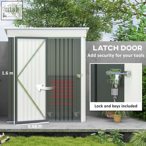Outsunny metal garden shed in white and dark grey with single door, latch lock, and keys included for outdoor use