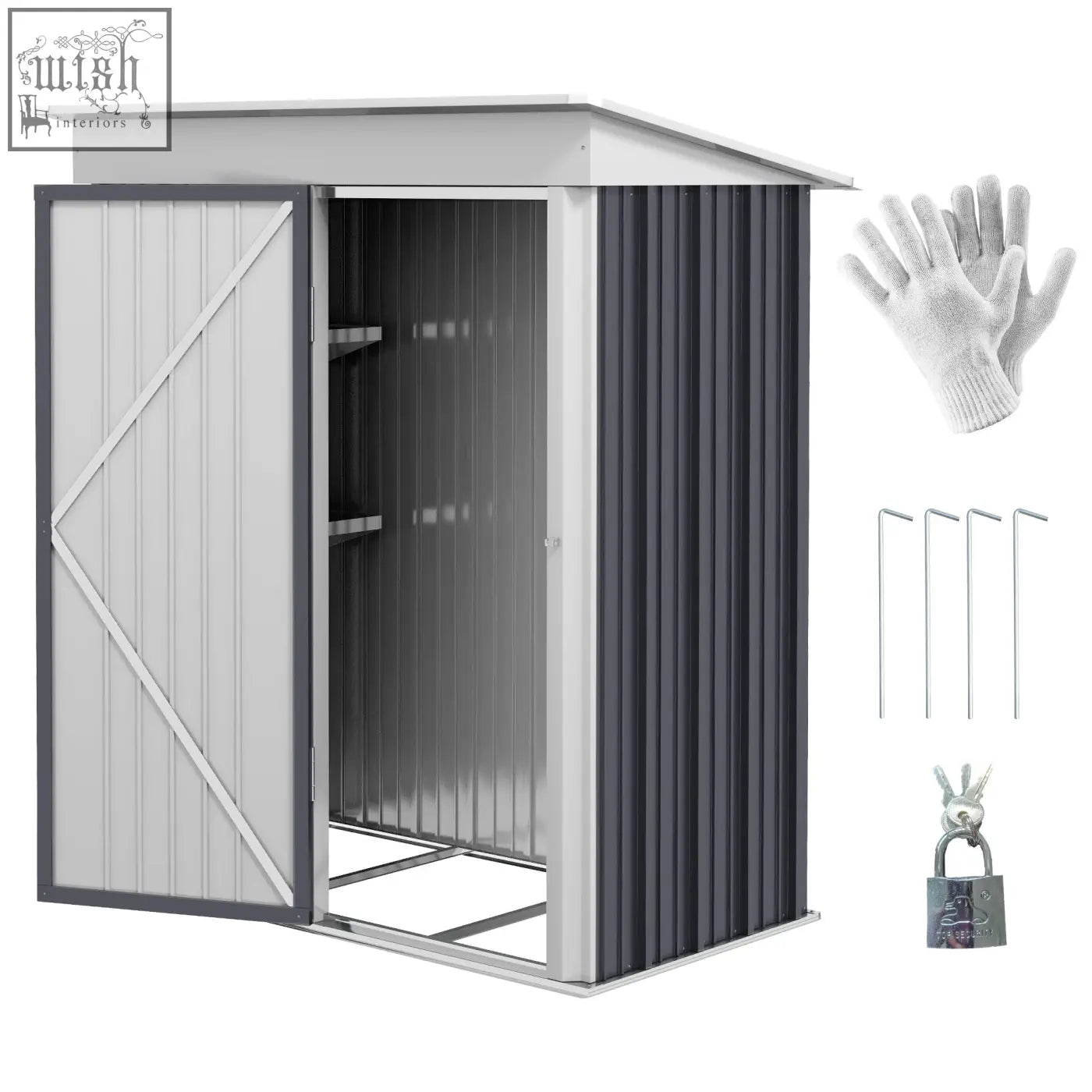 Gray metal Outsunny garden shed with slanted roof single door diagonal brace keys included 5x3x6 feet dark grey