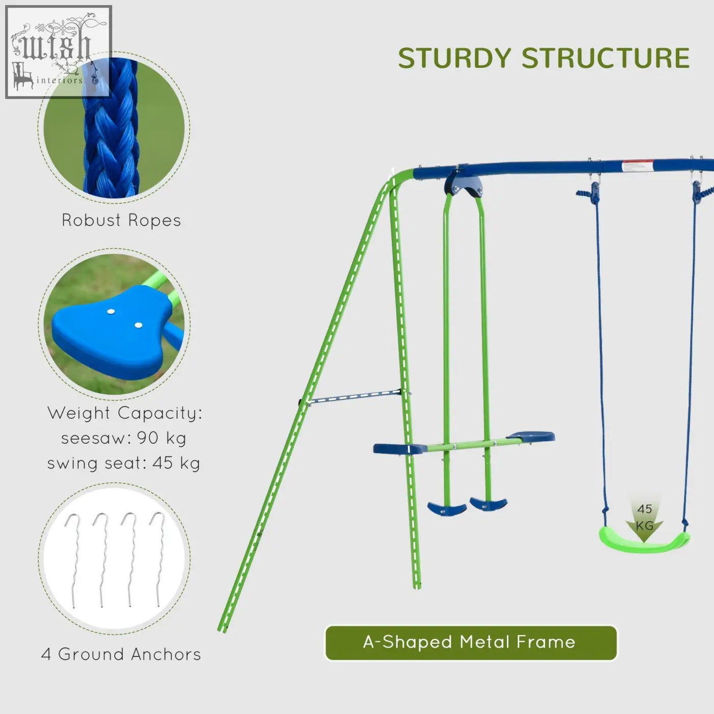 Bright green and blue outsunny metal garden swing set with adjustable height swing seats and sturdy braided ropes for toddlers
