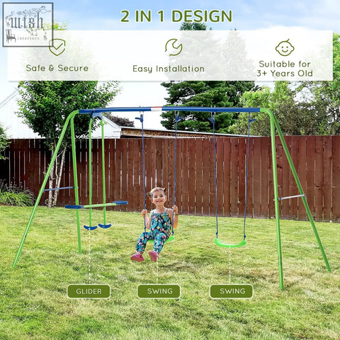 Green outsunny metal garden swing set with blue swing seats and glider for toddlers aged 3 and up
