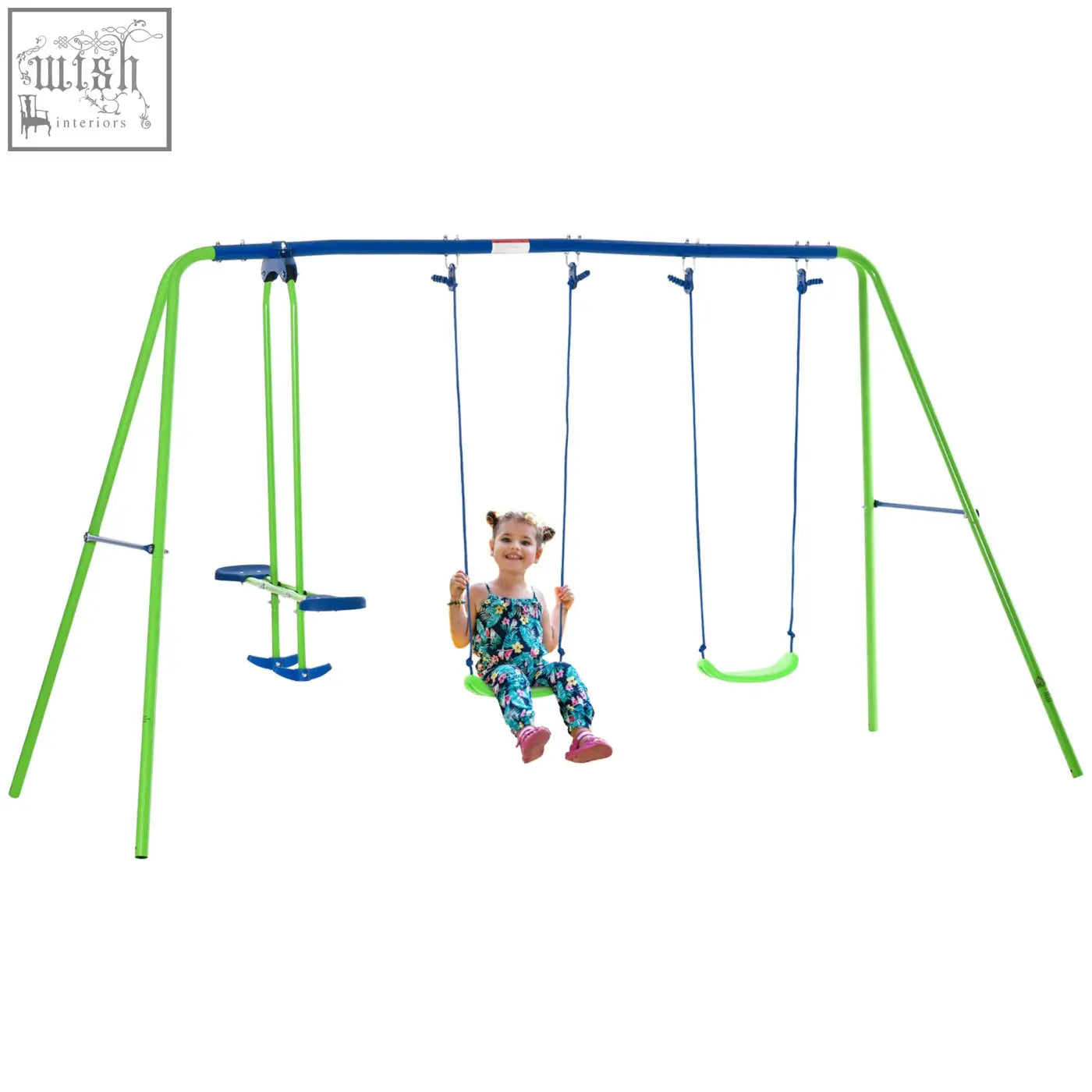 Child swinging on bright green and blue outsunny metal garden swing set with adjustable height swing seats for toddlers