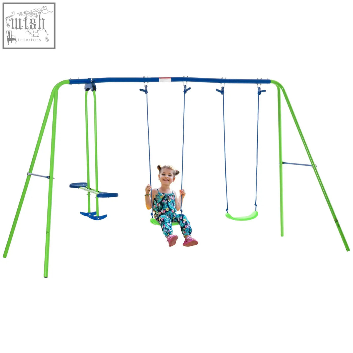 Child swinging on bright green and blue outsunny metal garden swing set with adjustable height swing seats for toddlers