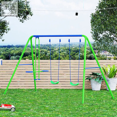Bright green and blue outsunny metal garden swing set with three swing seats including a toddler seat for kids over 3 years