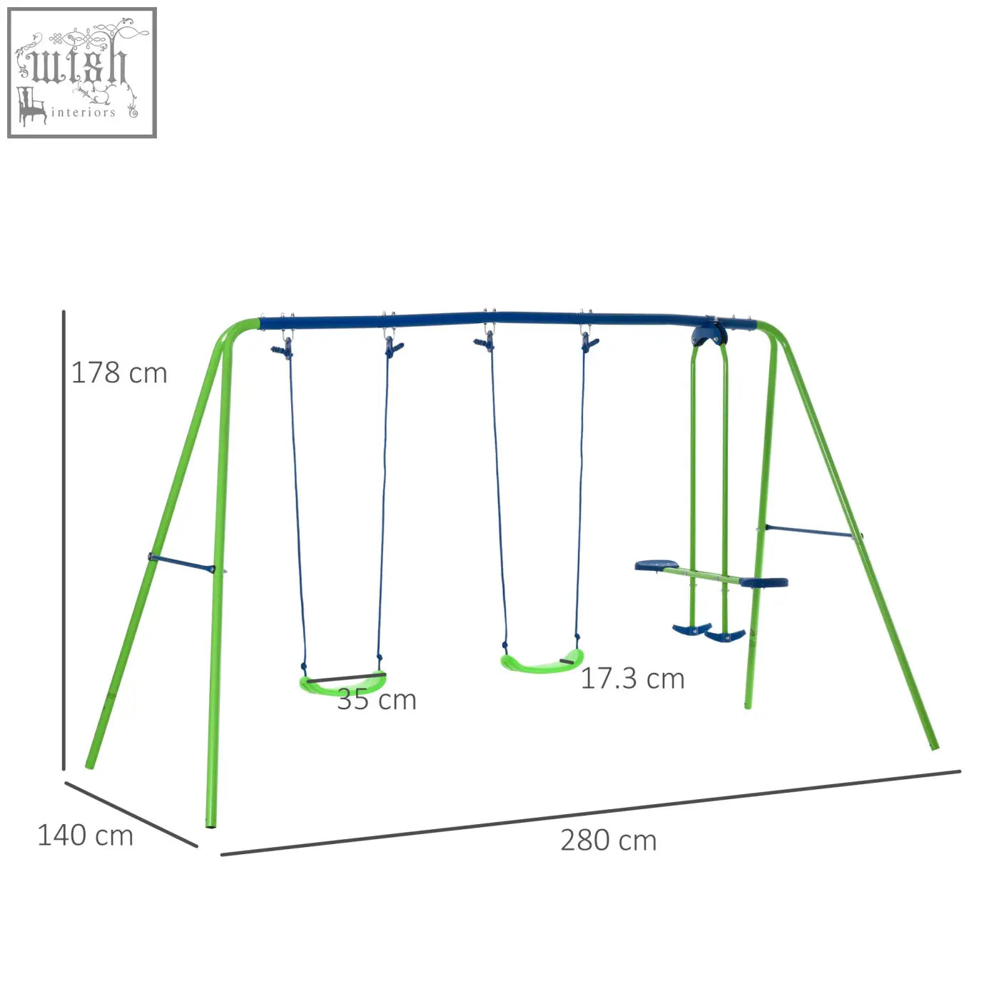 Outsunny metal garden swing set in bright green and blue with two swing seats and a slide for toddlers over 3 years old
