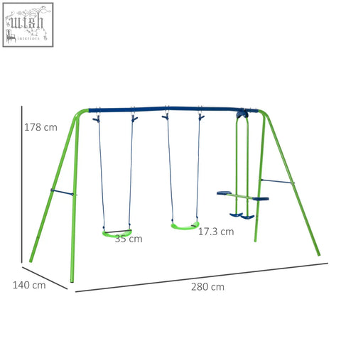 Outsunny metal garden swing set in bright green and blue with two swing seats and a slide for toddlers over 3 years old