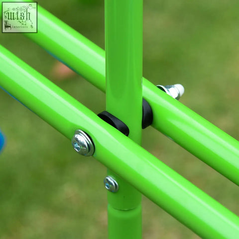Bright green outsunny metal garden swing set with metal frame, black plastic connectors, and silver bolts for kids over 3 years old