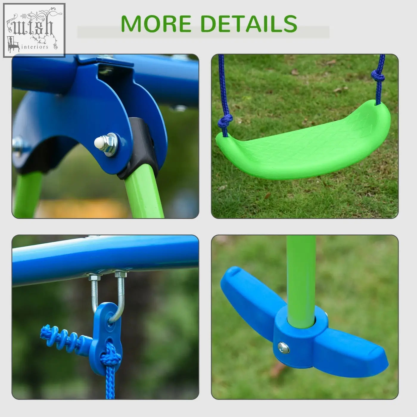 Bright green plastic swing seat with blue ropes and metal hardware on outsunny metal garden swing set for kids