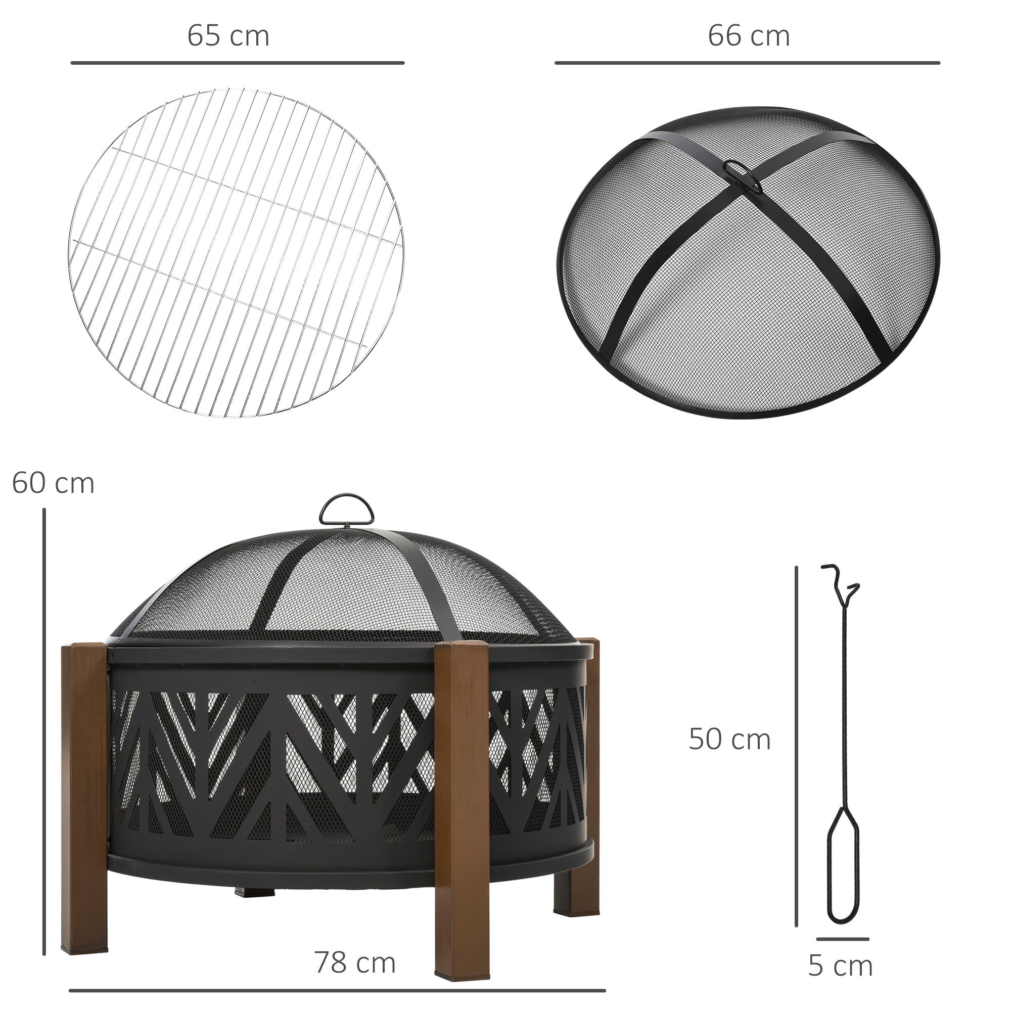 Outsunny metal large black firepit bowl with wooden legs mesh lid and geometric cutouts for food safely outdoor use