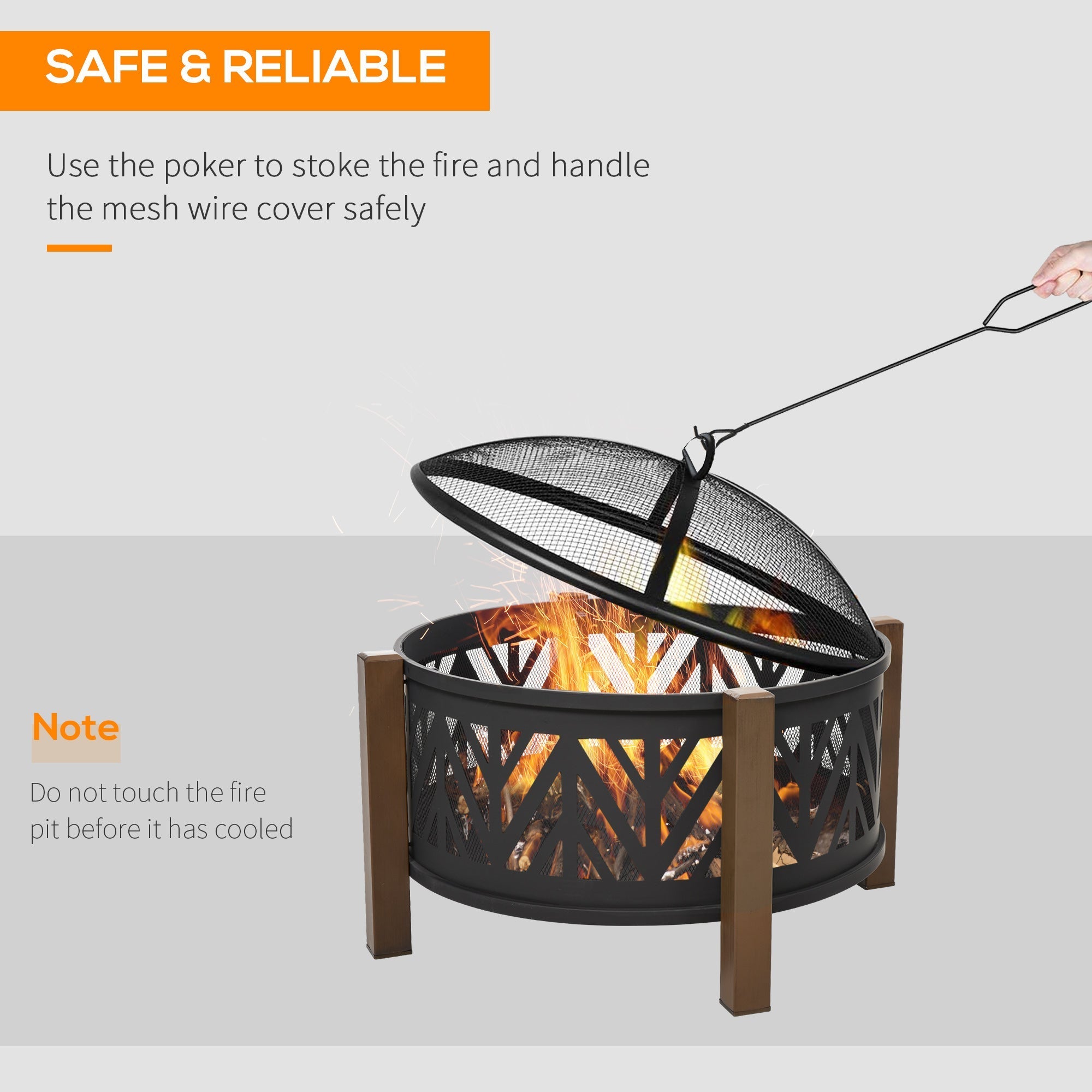 Outsunny black metal large firepit bowl with mesh lid and zigzag pattern wooden legs for food safely cooking outdoors