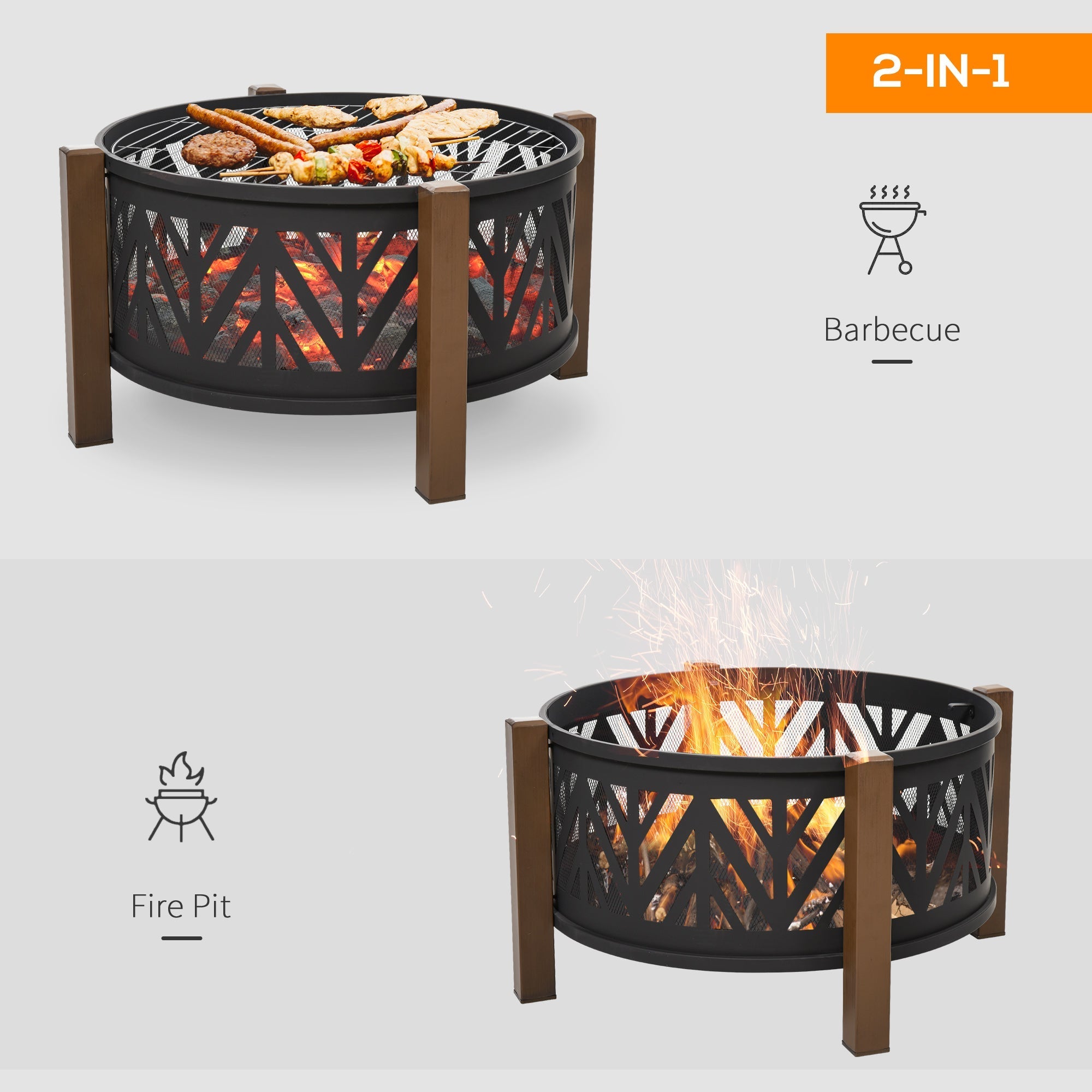 Outsunny black metal firepit with geometric lattice and brown wood legs shown as bbq grill with mesh lid for food safely and firepit