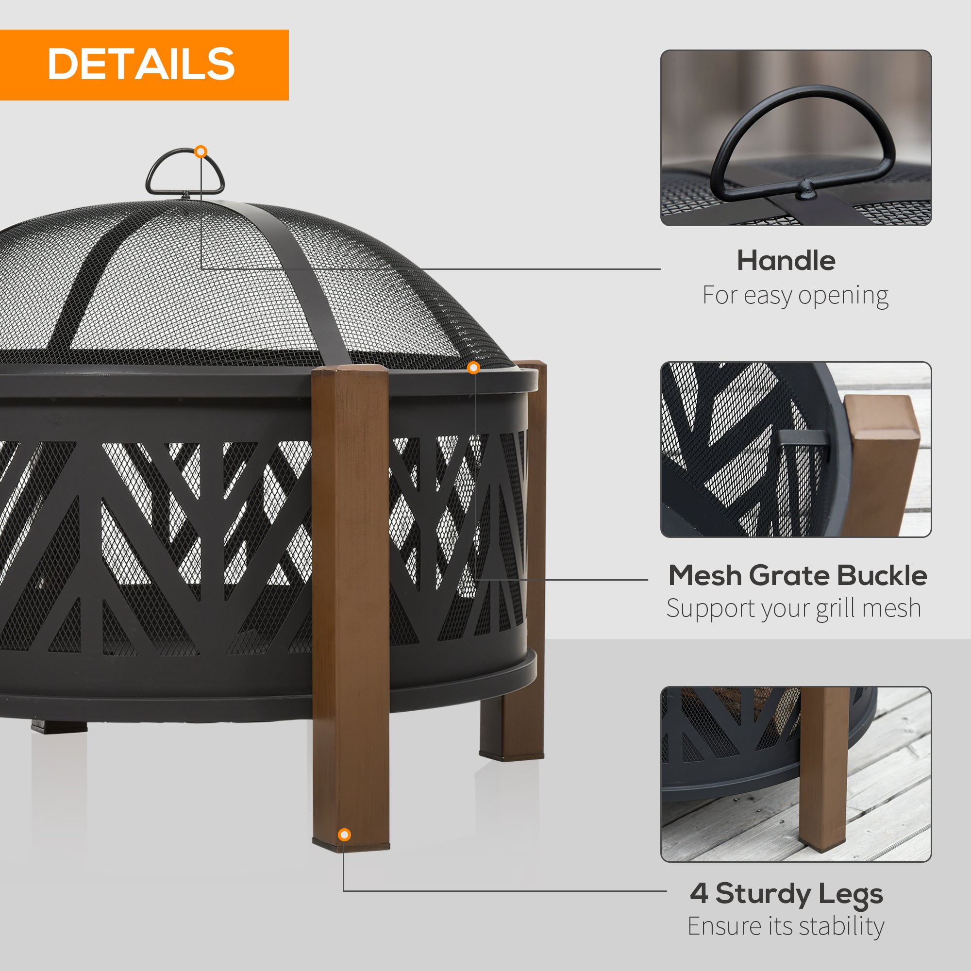 Black metal fire pit with mesh lid and brown wooden legs for food safely outdoor use and backyard bonfire