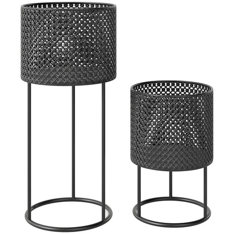 Outsunny black metal plant pots set of 2 with diamond lattice design outdoor planters made of powder-coated metal