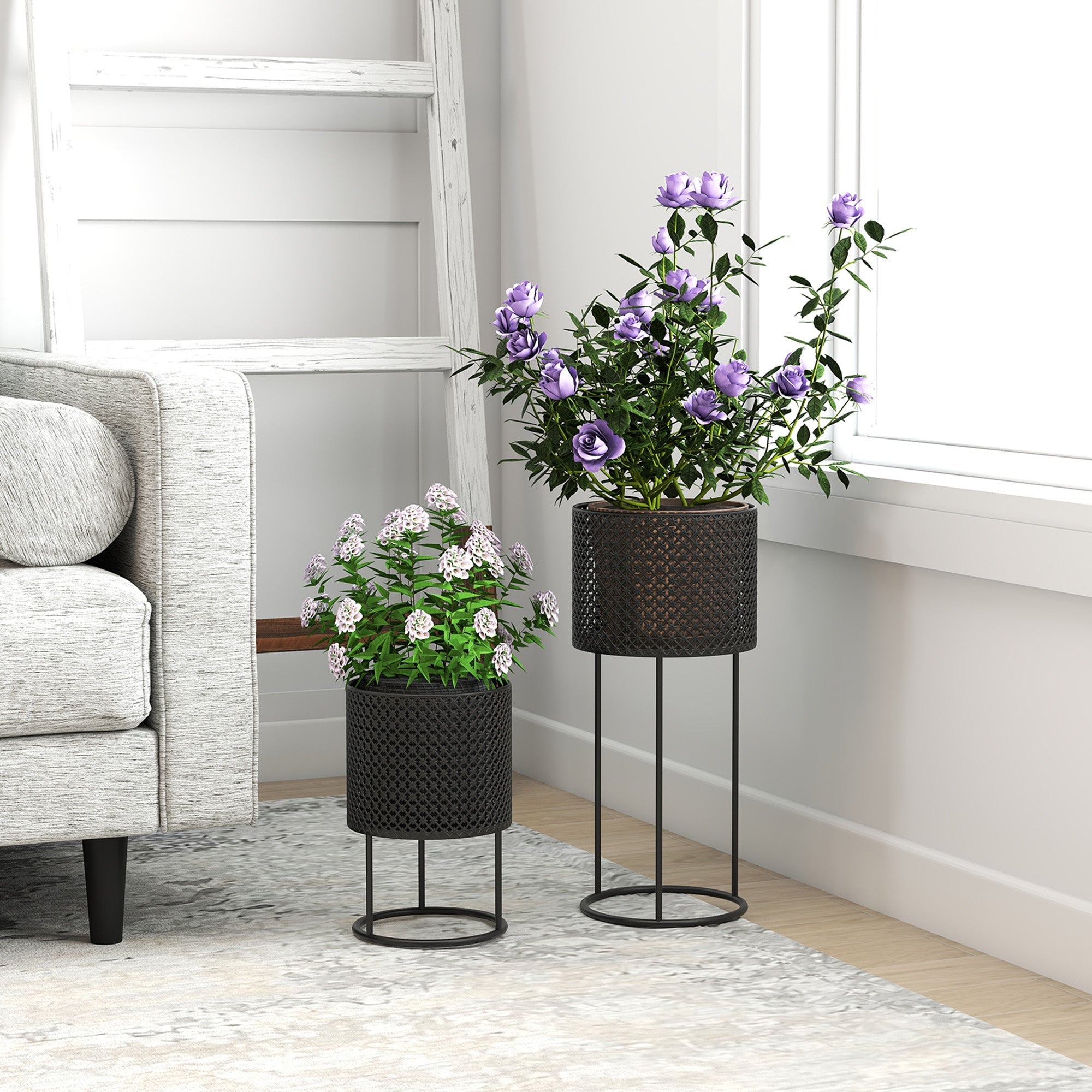 Outsunny black powder-coated metal outdoor planters set of 2 with hollow design and circular bases for plant pots