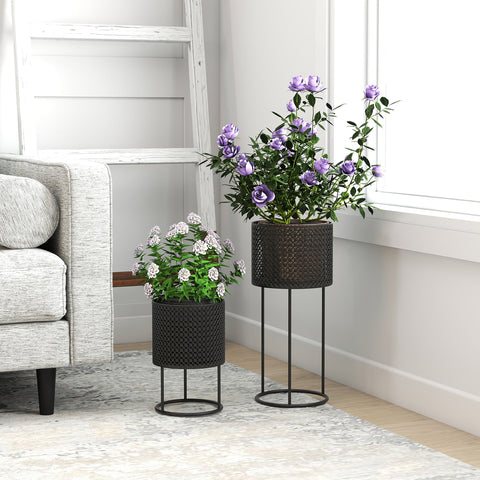 Outsunny black powder-coated metal outdoor planters set of 2 with hollow design and circular bases for plant pots